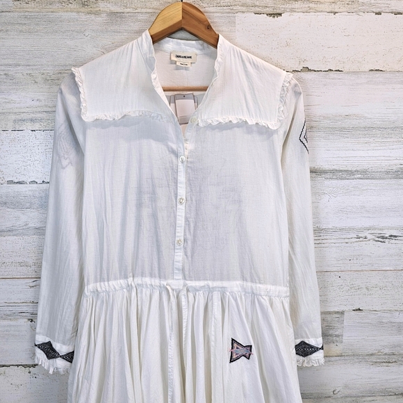 Zadig & Voltaire Ranil White Cotton Embroidered Dress XS Boho Chic Western Mini - Picture 6 of 16